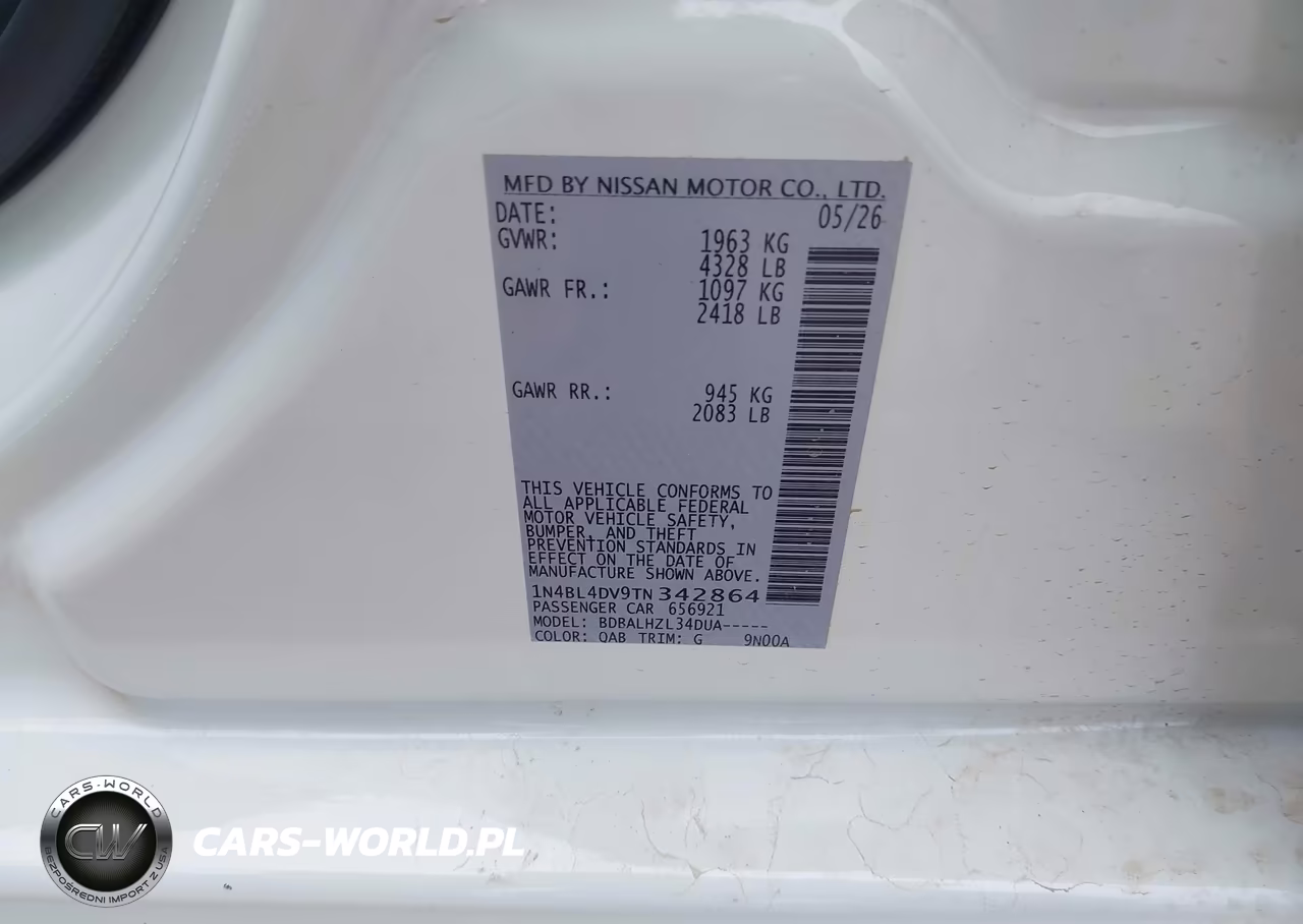 2026 Nissan Altima Sv Fwd VIN:1N4BL4DV9TN342864 - 9