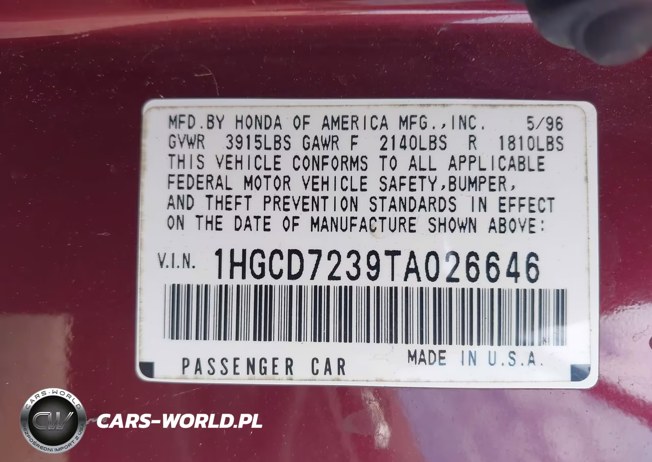 1996 Honda Accord Lx VIN:1HGCD7239TA026646 - 9