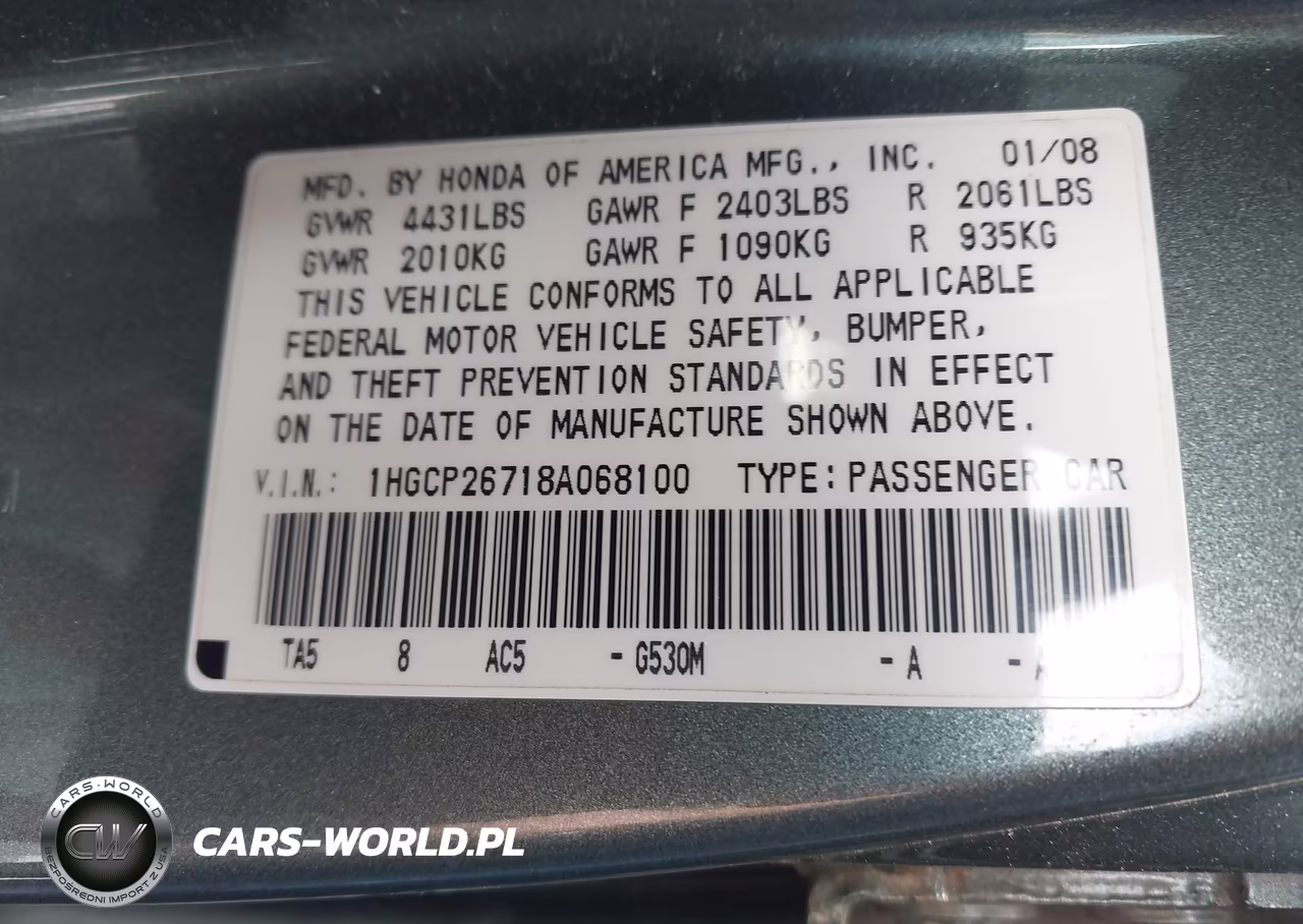 2008 Honda Accord 2.4 Ex VIN:1HGCP26718A068100 - 9
