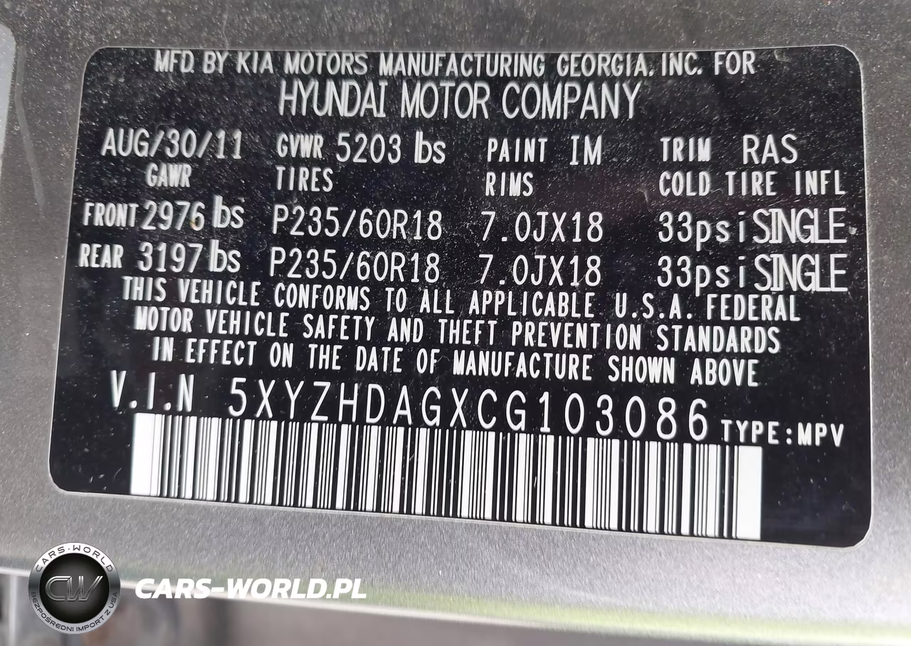 2012 Hyundai Santa Fe Se VIN:5XYZHDAGXCG103086 - 9