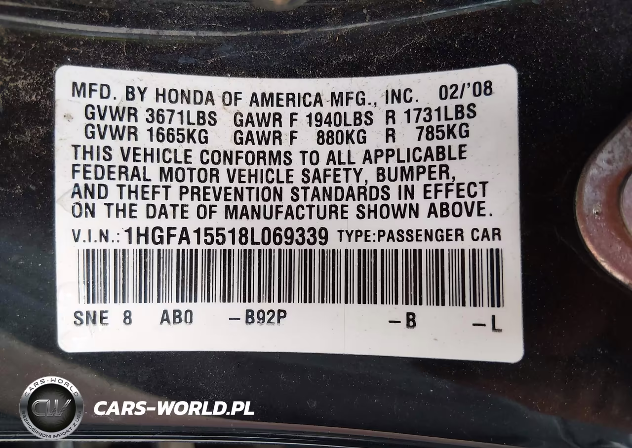 2008 Honda Civic Lx VIN:1HGFA15518L069339 - 9