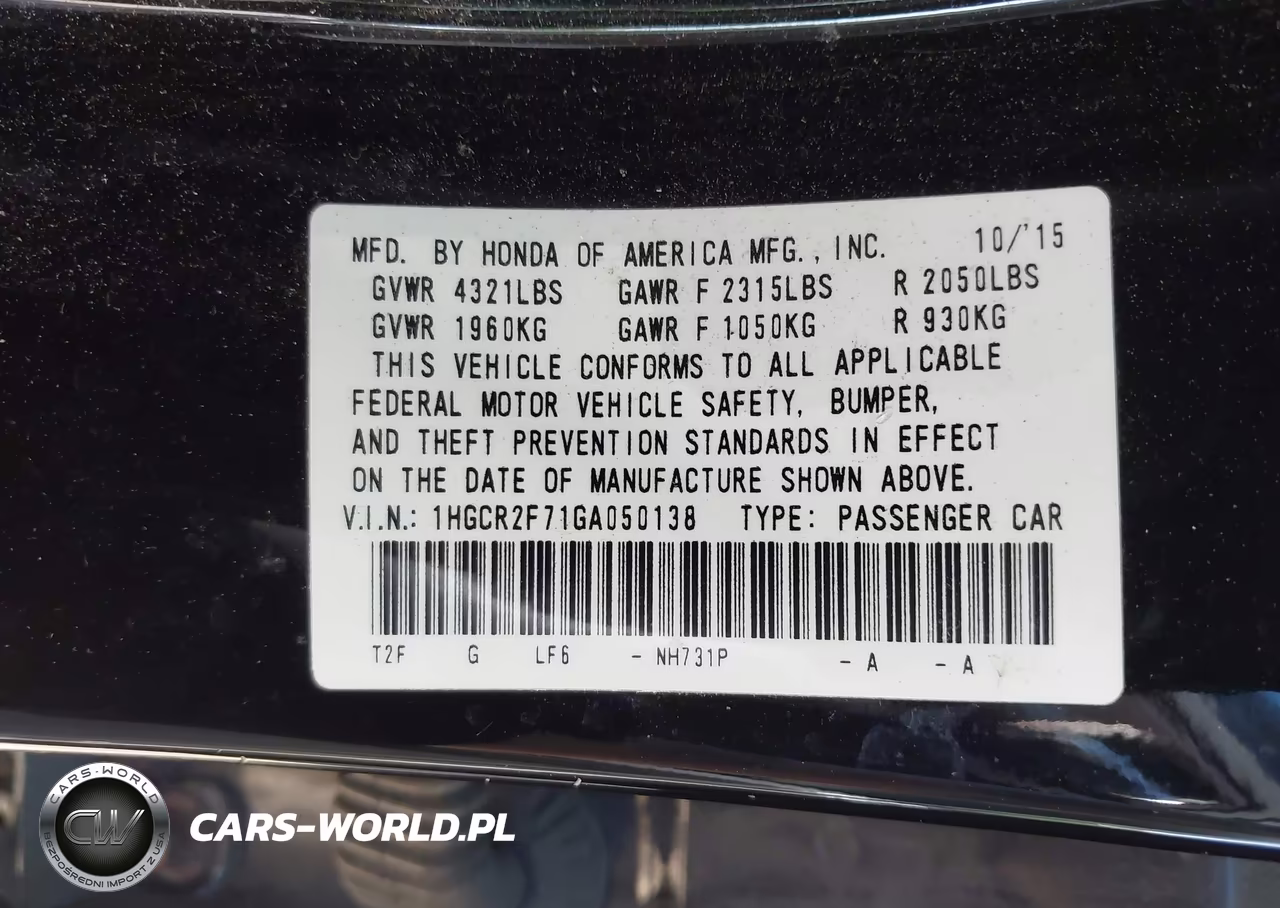 2016 Honda Accord Ex VIN:1HGCR2F71GA050138 - 9