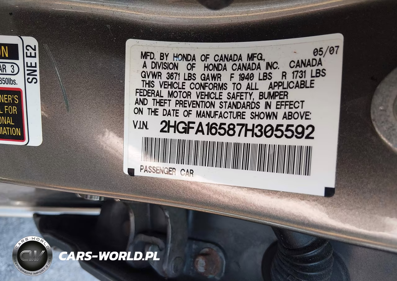2007 Honda Civic Lx VIN:2HGFA16587H305592 - 9