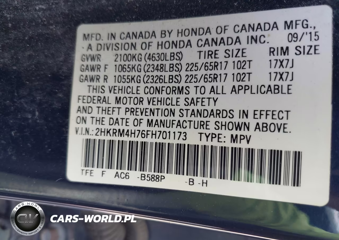 2015 Honda Cr-V Ex-L VIN:2HKRM4H76FH701173 - 9