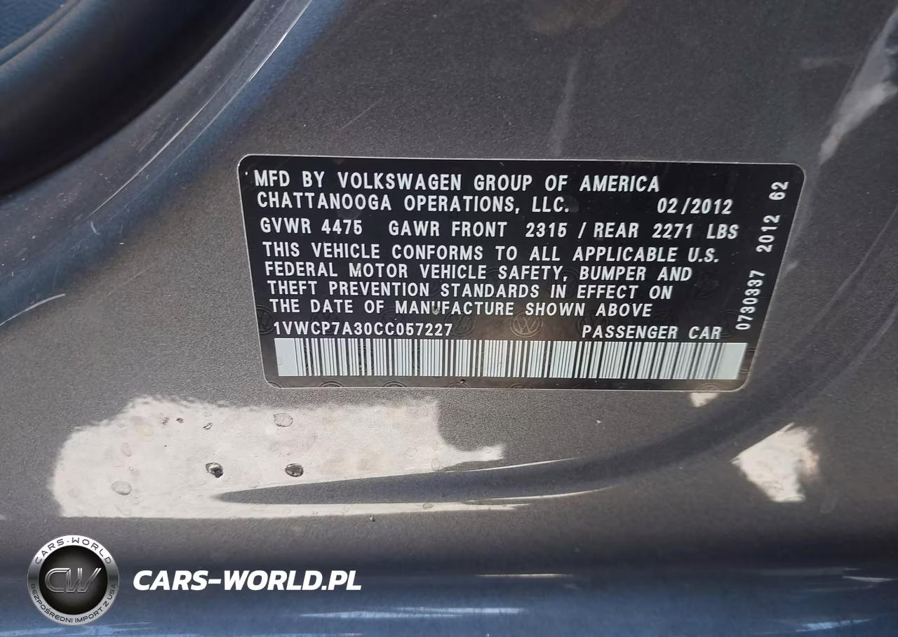 2012 Volkswagen Passat 2.5L Sel VIN:1VWCP7A30CC057227 - 9