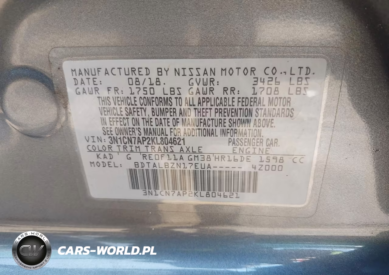 2019 Nissan Versa 1.6 Sv VIN:3N1CN7AP2KL804621 - 9