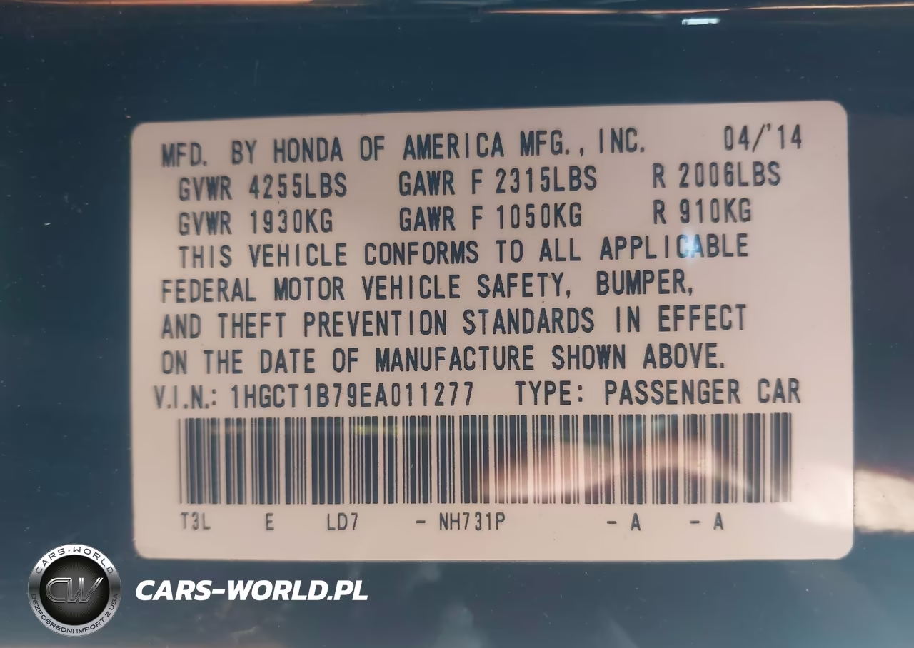 2014 Honda Accord Ex VIN:1HGCT1B79EA011277 - 9