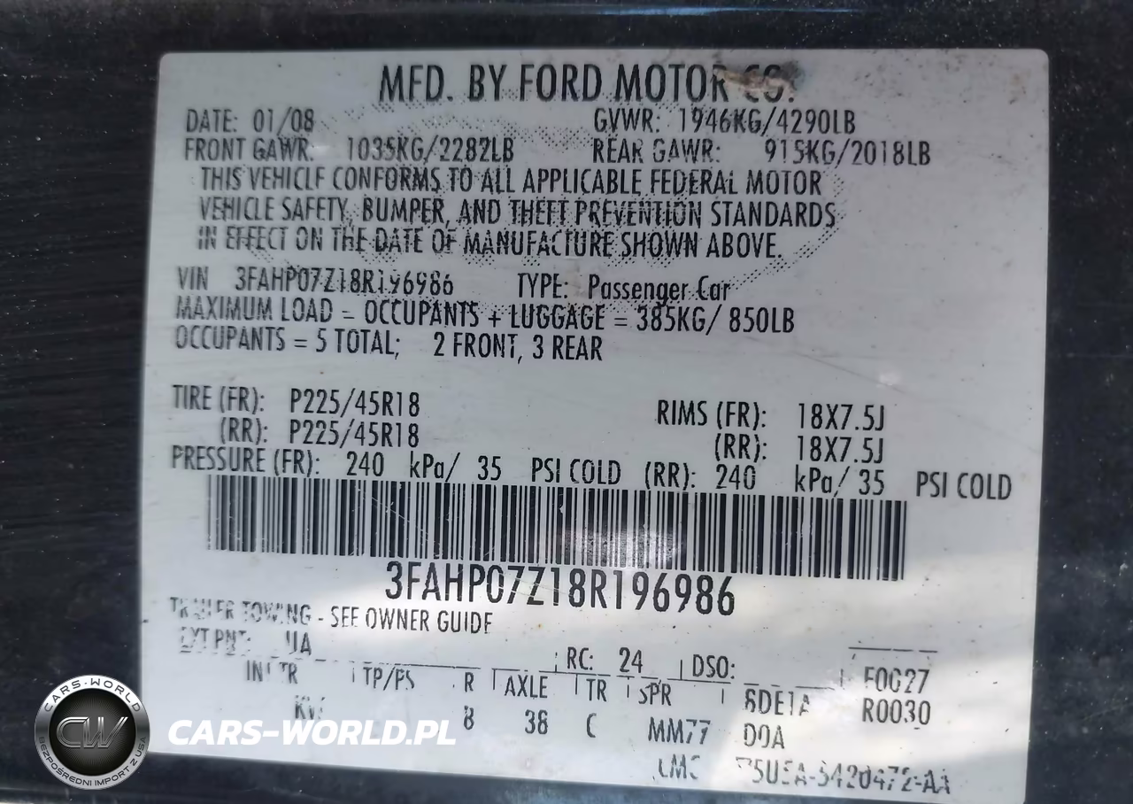 2008 Ford Fusion Se VIN:3FAHP07Z18R196986 - 9