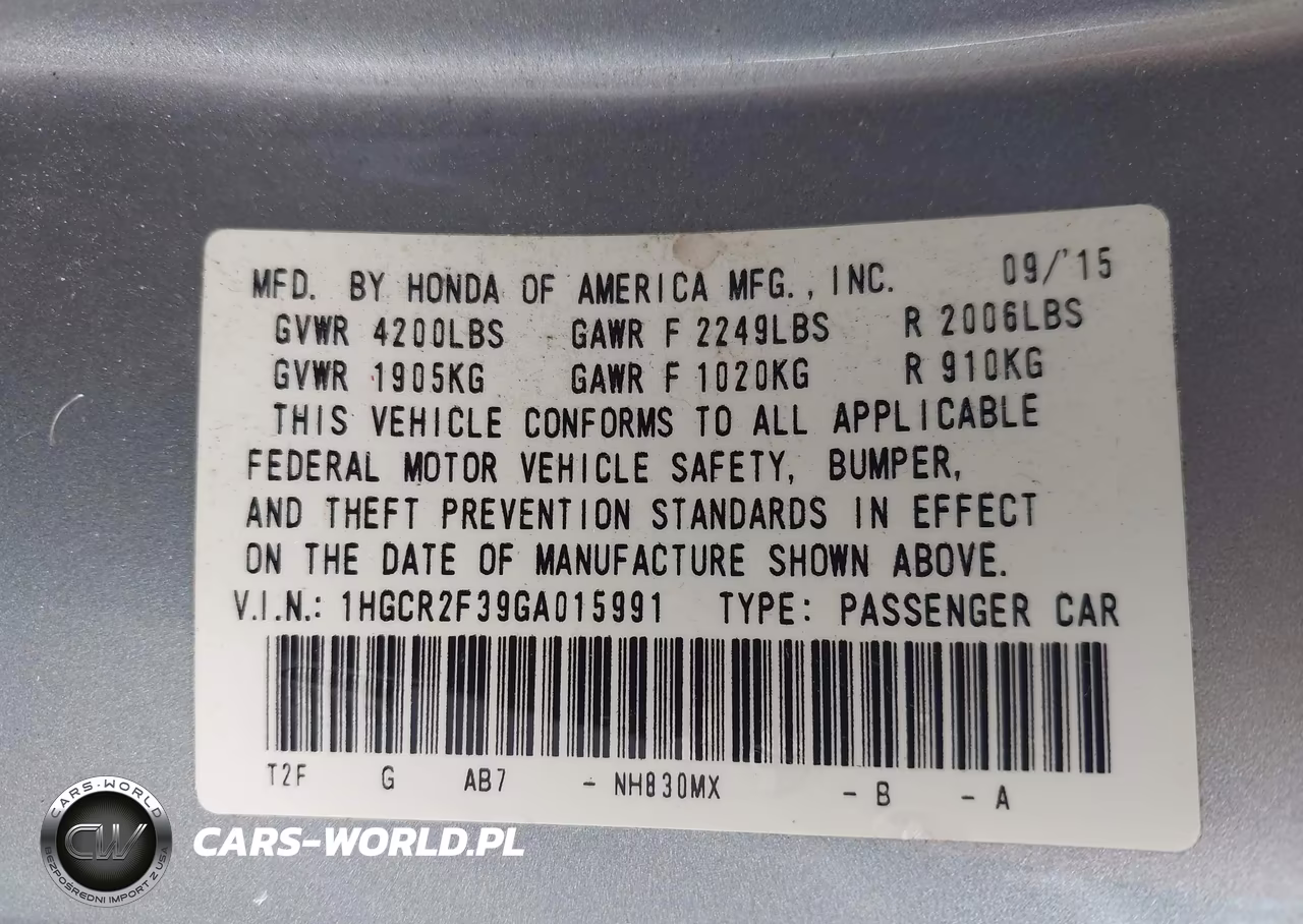 2016 Honda Accord Lx VIN:1HGCR2F39GA015991 - 9