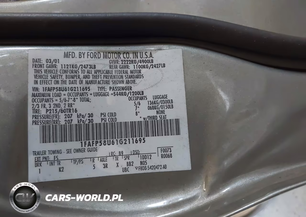 2001 Ford Taurus Se VIN:1FAFP58U61G211695 - 9