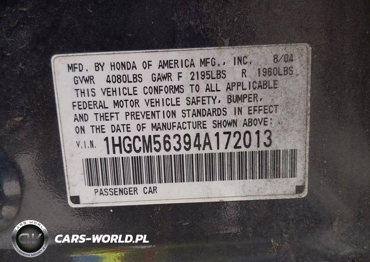 2004 Honda Accord 2.4 Lx VIN:1HGCM56394A172013 - 9