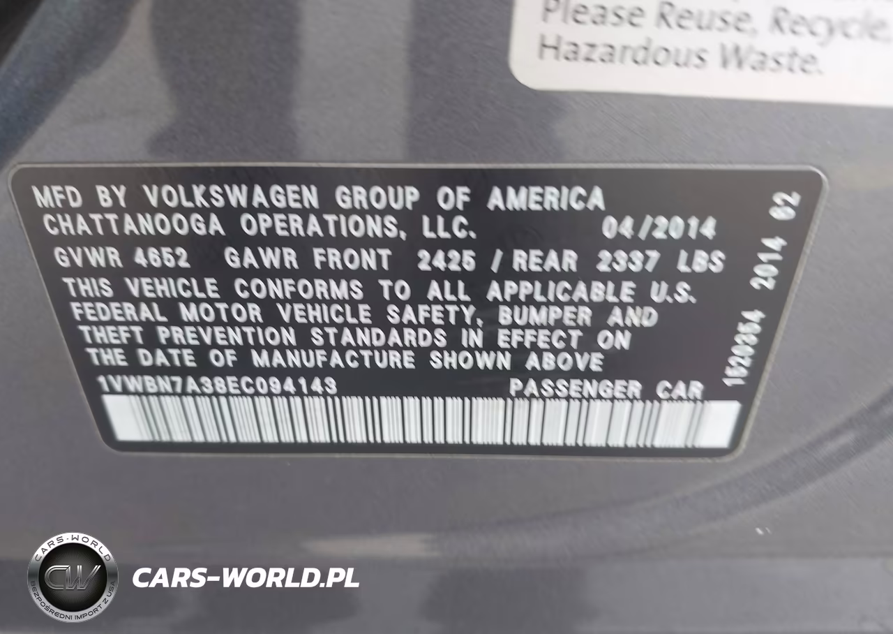 2014 Volkswagen Passat 2.0L Tdi Se VIN:1VWBN7A38EC094143 - 9