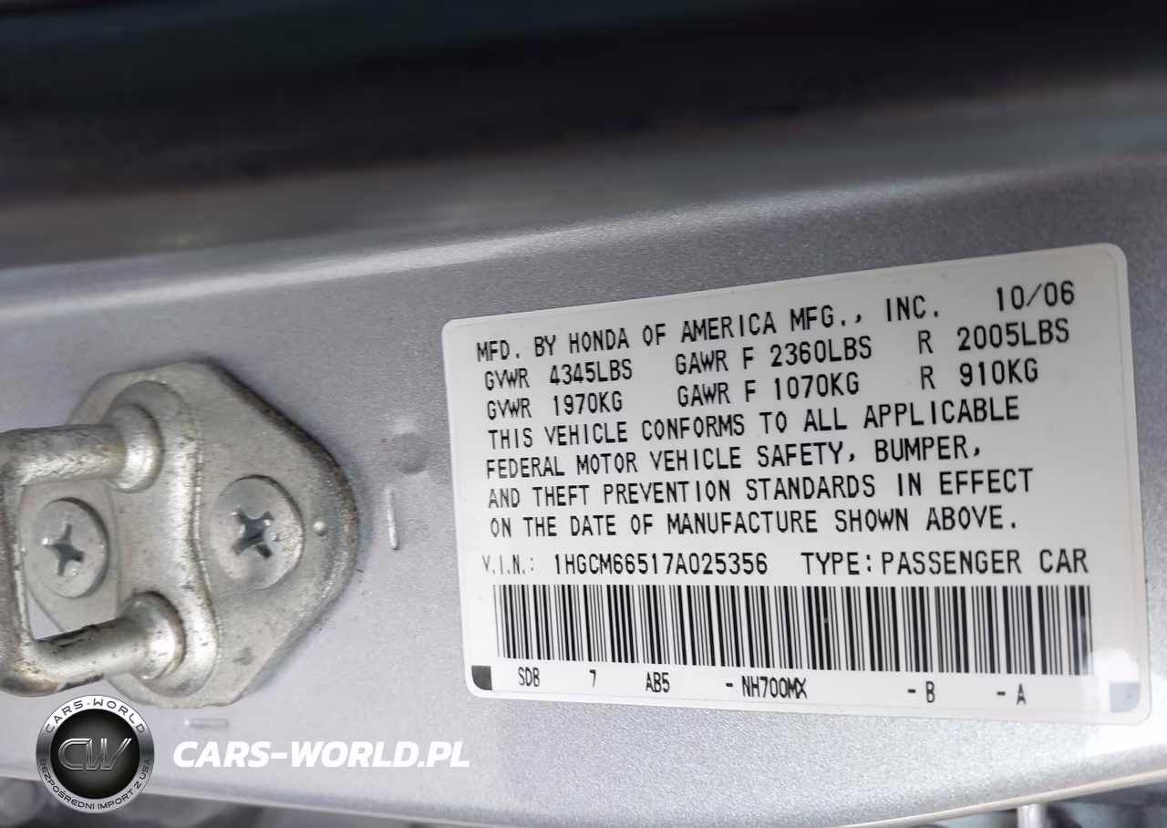2007 Honda Accord 3.0 Ex VIN:1HGCM66517A025356 - 9