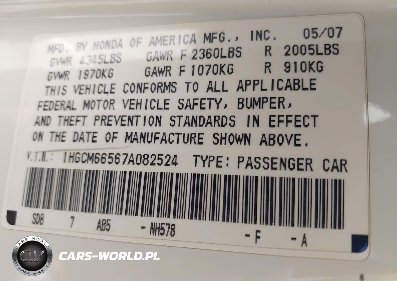 2007 Honda Accord 3.0 Ex VIN:1HGCM66567A082524 - 9