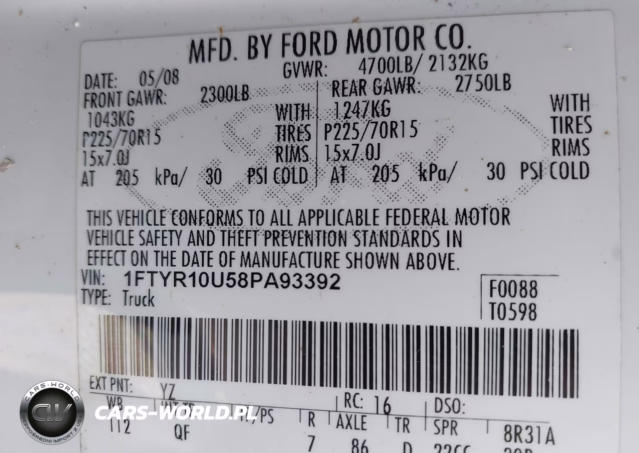 2008 Ford Ranger Xl VIN:1FTYR10U58PA93392 - 9
