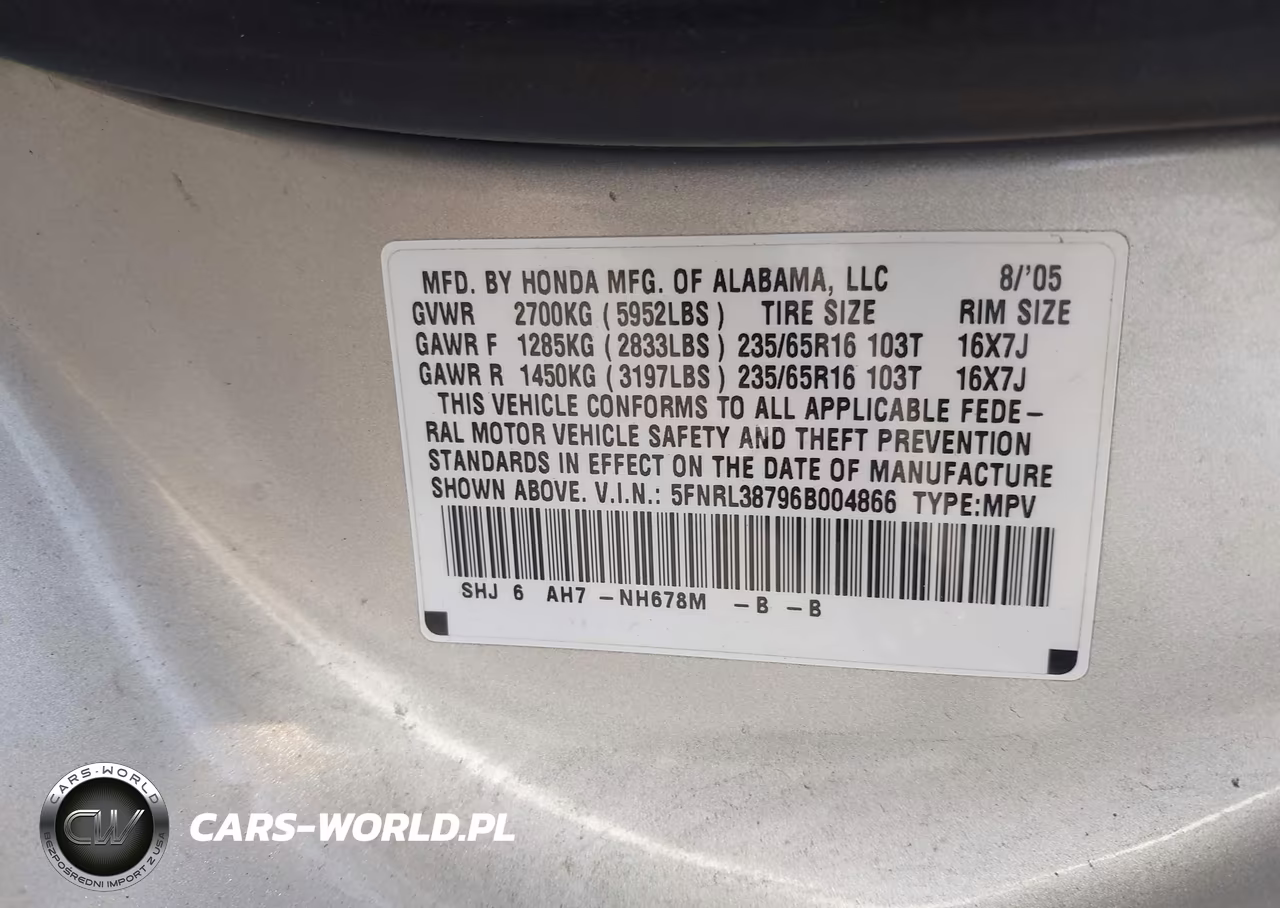 2006 Honda Odyssey Ex-L VIN:5FNRL38796B004866 - 9
