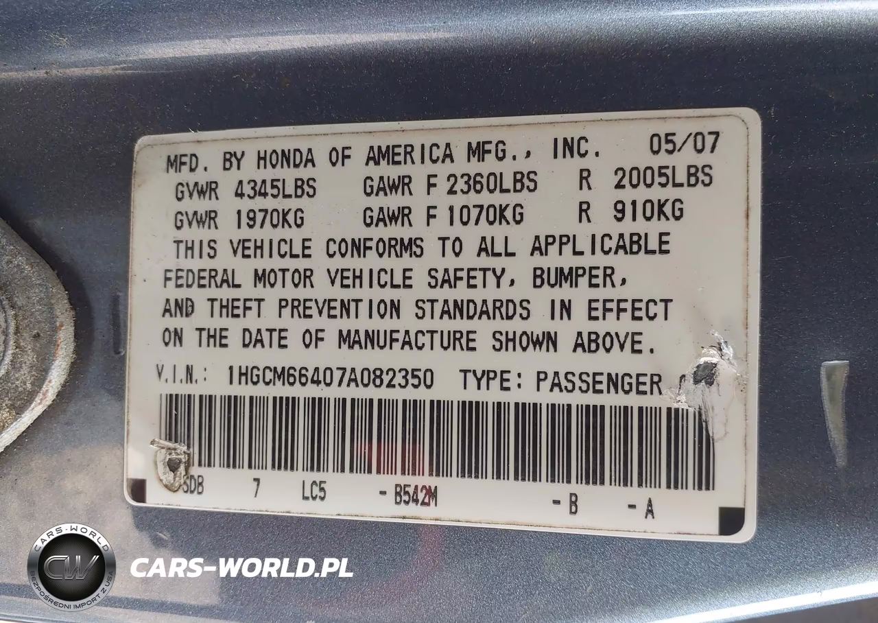 2007 Honda Accord 3.0 Se VIN:1HGCM66407A082350 - 9