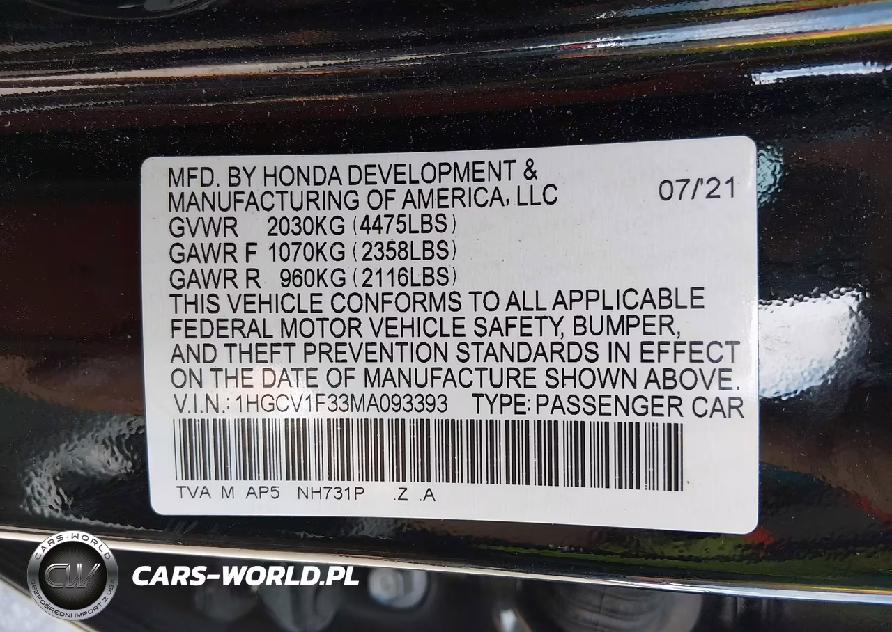 2021 Honda Accord Sport VIN:1HGCV1F33MA093393 - 9