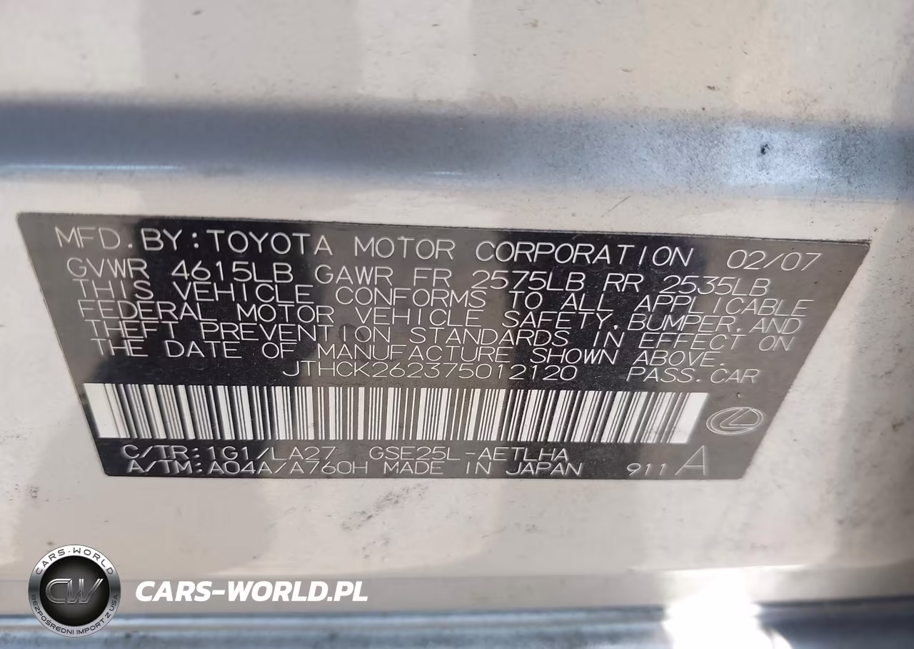 2007 Lexus Is 250 VIN:JTHCK262375012120 - 9