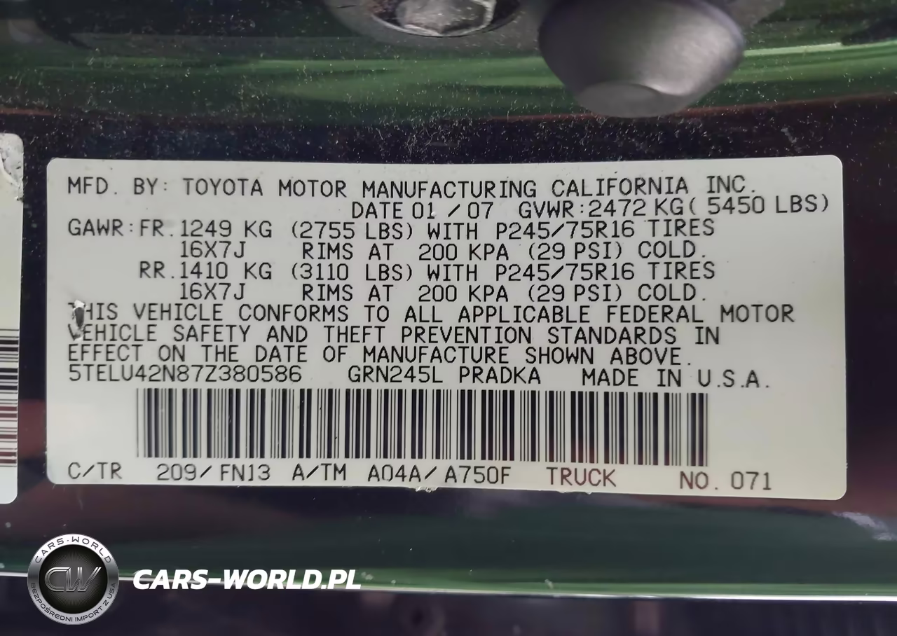 2007 Toyota Tacoma Base V6 VIN:5TELU42N87Z380586 - 9