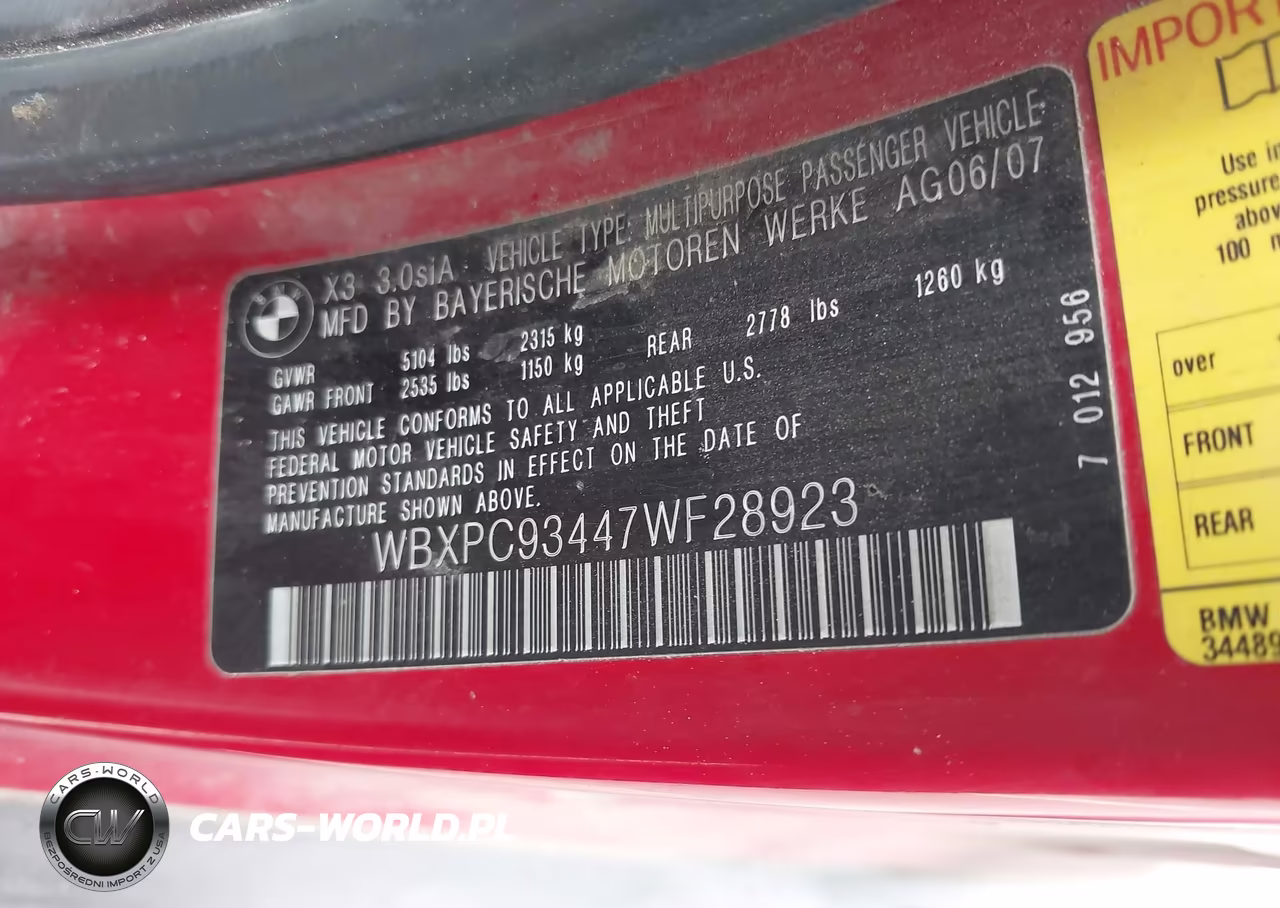 2007 BMW X3 3.0Si VIN:WBXPC93447WF28923 - 9