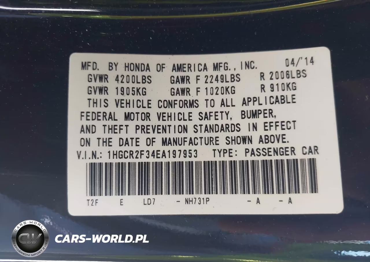 2014 Honda Accord Lx VIN:1HGCR2F34EA197953 - 9