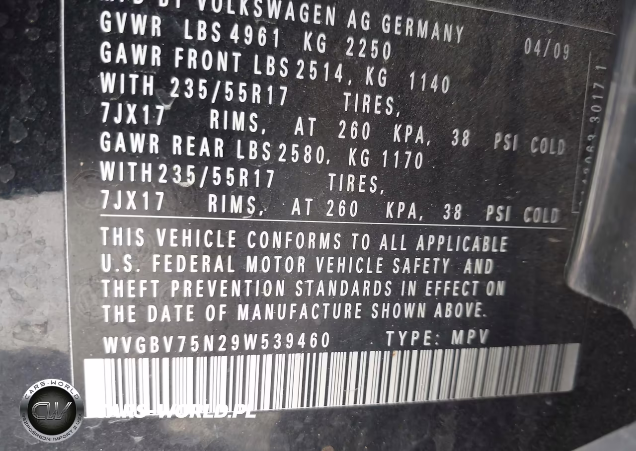 2009 Volkswagen Tiguan Se VIN:WVGBV75N29W539460 - 9