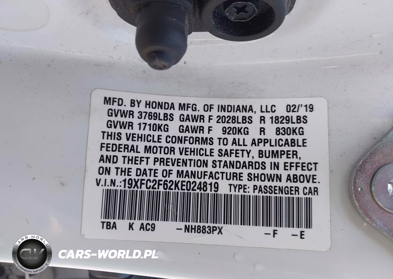 2019 Honda Civic Lx VIN:19XFC2F62KE024819 - 9