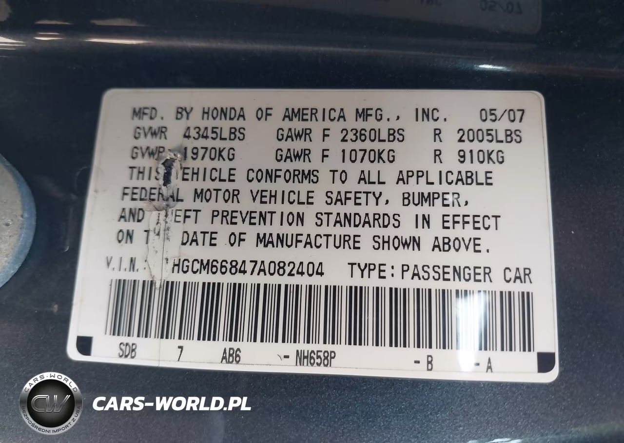 2007 Honda Accord 3.0 Ex VIN:1HGCM66847A082404 - 9