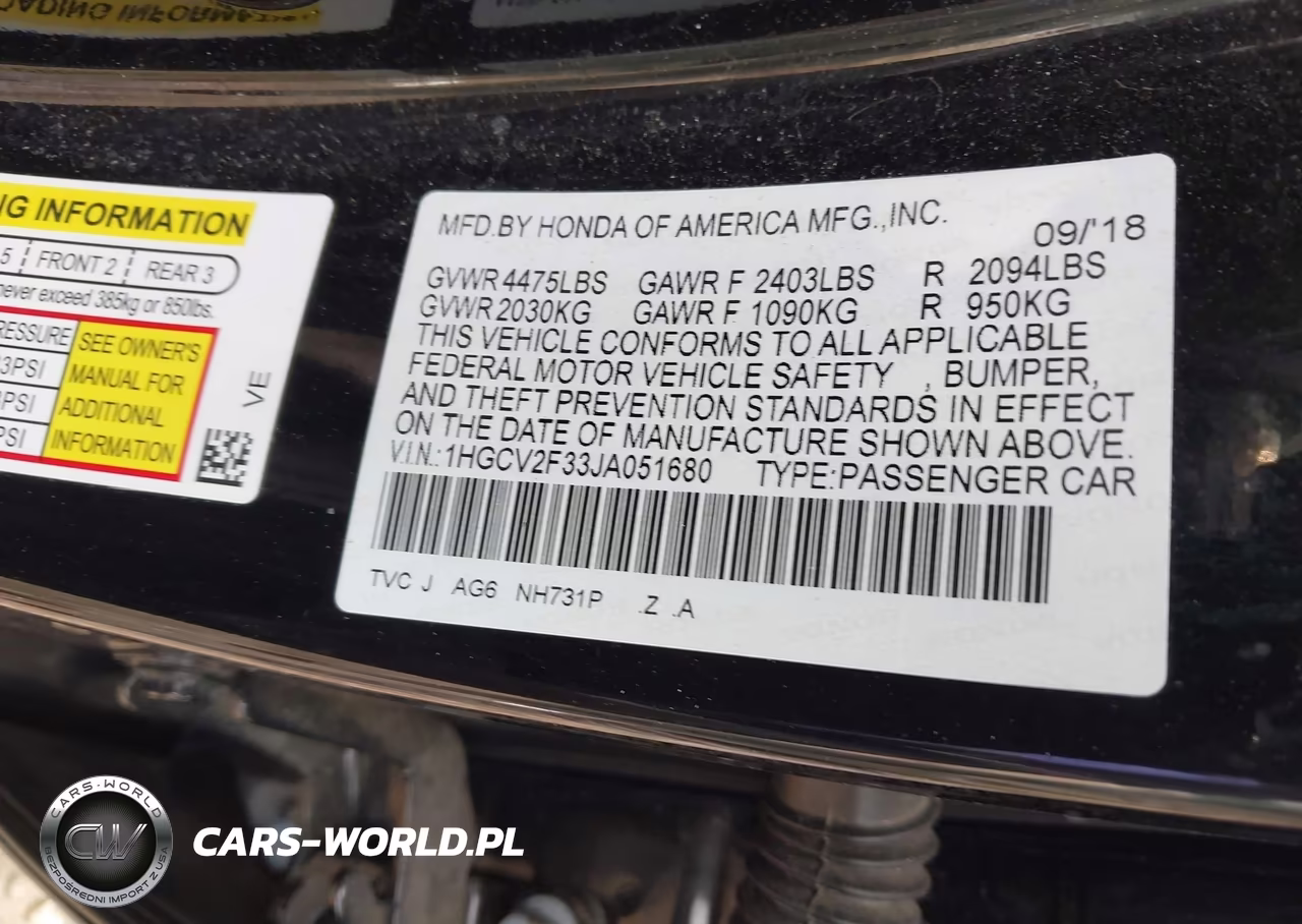 2018 Honda Accord Sport 2.0T VIN:1HGCV2F33JA051680 - 9
