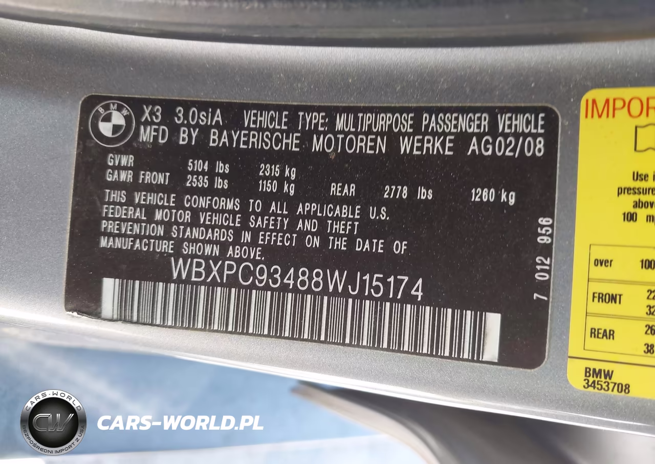 2008 BMW X3 3.0Si VIN:WBXPC93488WJ15174 - 9