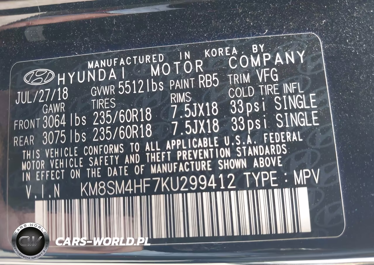 2019 Hyundai Santa Fe Xl Se VIN:KM8SM4HF7KU299412 - 9