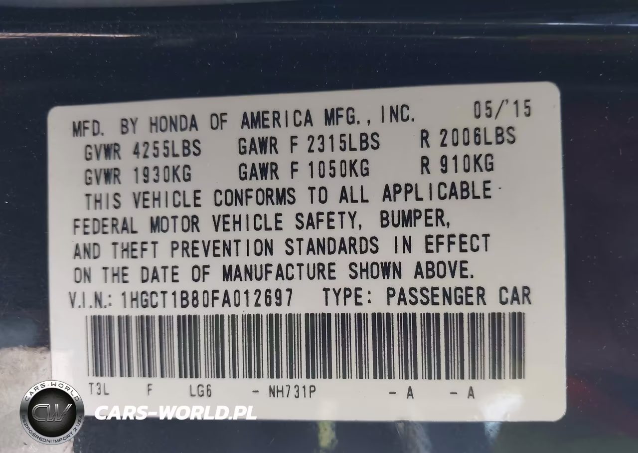 2015 Honda Accord Ex-L VIN:1HGCT1B80FA012697 - 9