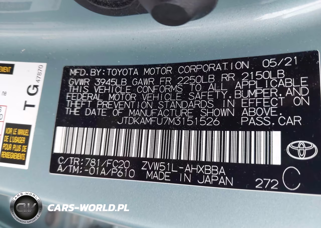 2021 Toyota Prius L Eco VIN:JTDKAMFU7M3151526 - 9