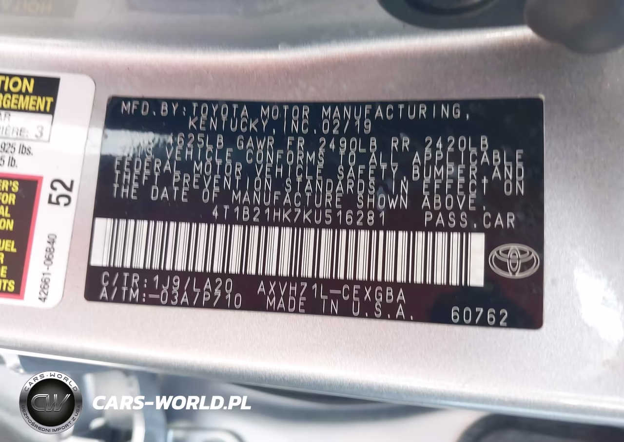 2019 Toyota Camry Hybrid Xle VIN:4T1B21HK7KU516281 - 9