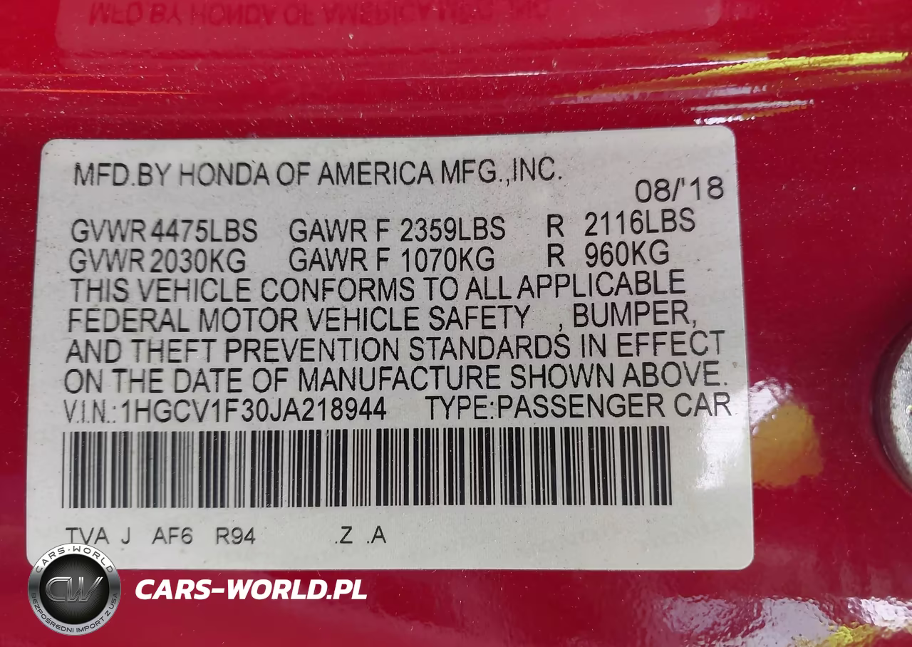 2018 Honda Accord Sport VIN:1HGCV1F30JA218944 - 9