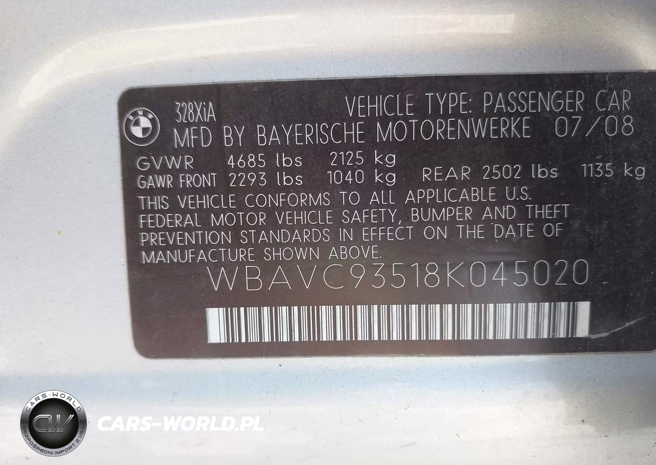 2008 BMW 328Xi VIN:WBAVC93518K045020 - 9