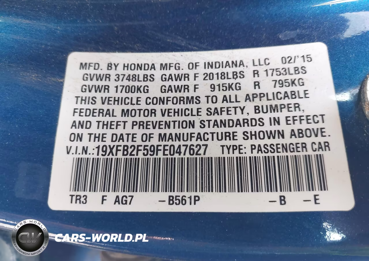2015 Honda Civic Lx VIN:19XFB2F59FE047627 - 9