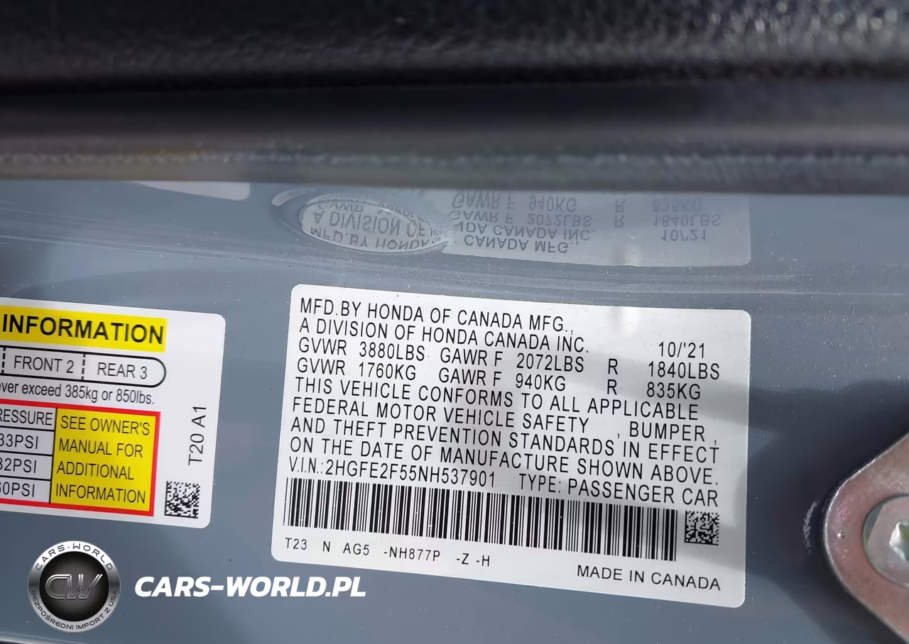 2022 Honda Civic Sport VIN:2HGFE2F55NH537901 - 9