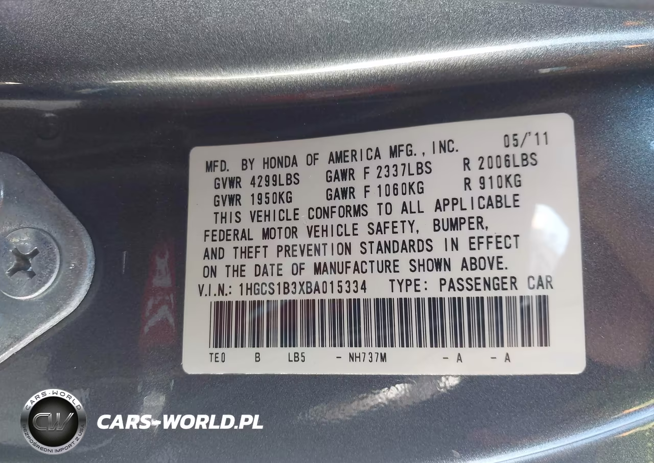 2011 Honda Accord 2.4 Lx-S VIN:1HGCS1B3XBA015334 - 9