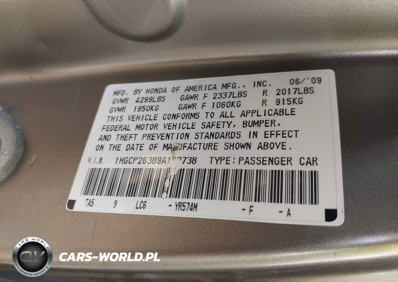 2009 Honda Accord 2.4 Lx VIN:1HGCP26389A160738 - 9