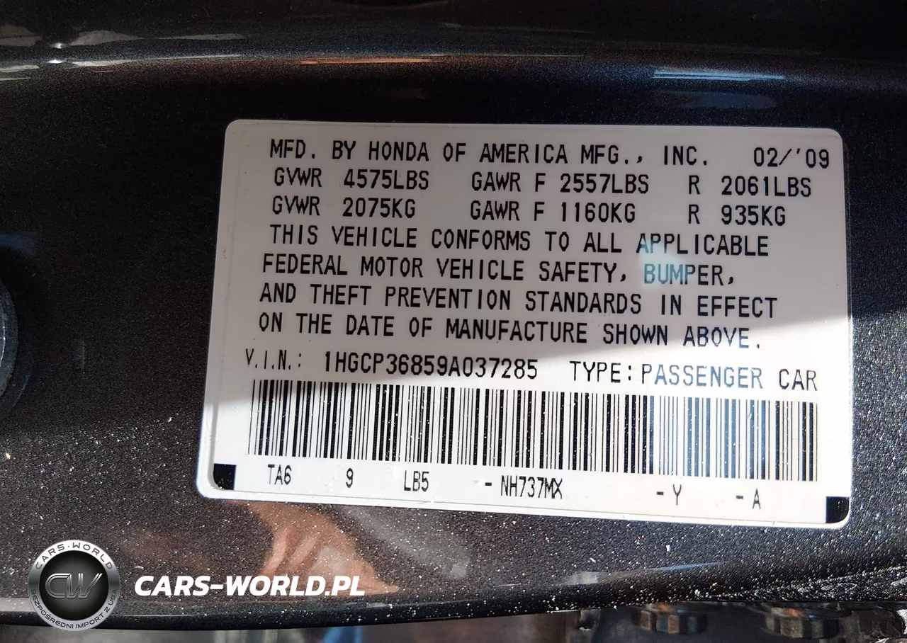 2009 Honda Accord 3.5 Ex-L VIN:1HGCP36859A037285 - 9