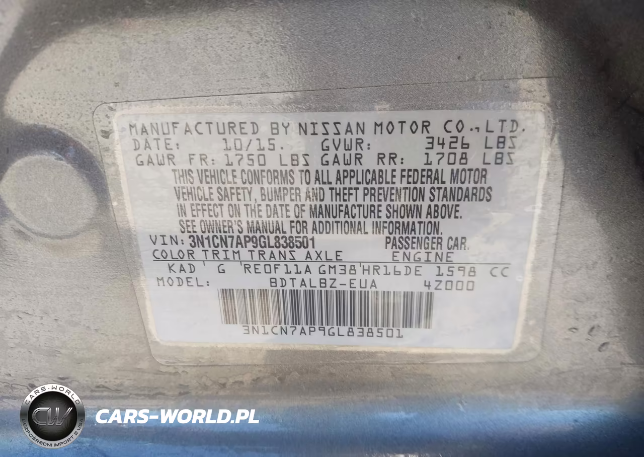 2016 Nissan Versa 1.6 S-1.6 S+-1.6 Sl-1.6 Sv VIN:3N1CN7AP9GL838501 - 9