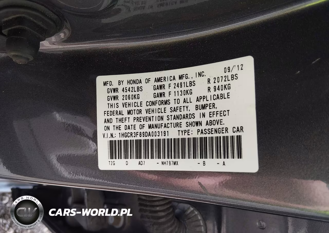 2013 Honda Accord Ex-L V-6 VIN:1HGCR3F89DA003191 - 9
