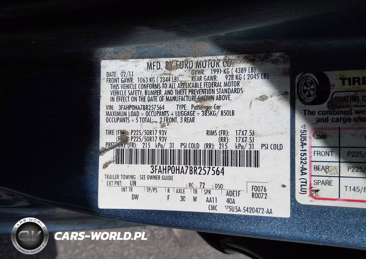 FORD FUSION VIN:3FAHP0HA7BR257564 - 9