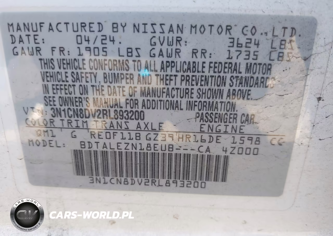 2024 Nissan Versa 1.6 S VIN:3N1CN8DV2RL893200 - 9