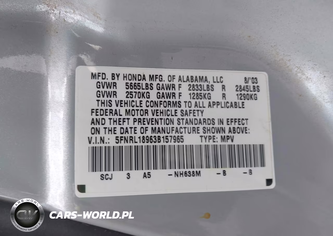 2003 Honda Odyssey Ex-L VIN:5FNRL18963B157965 - 9