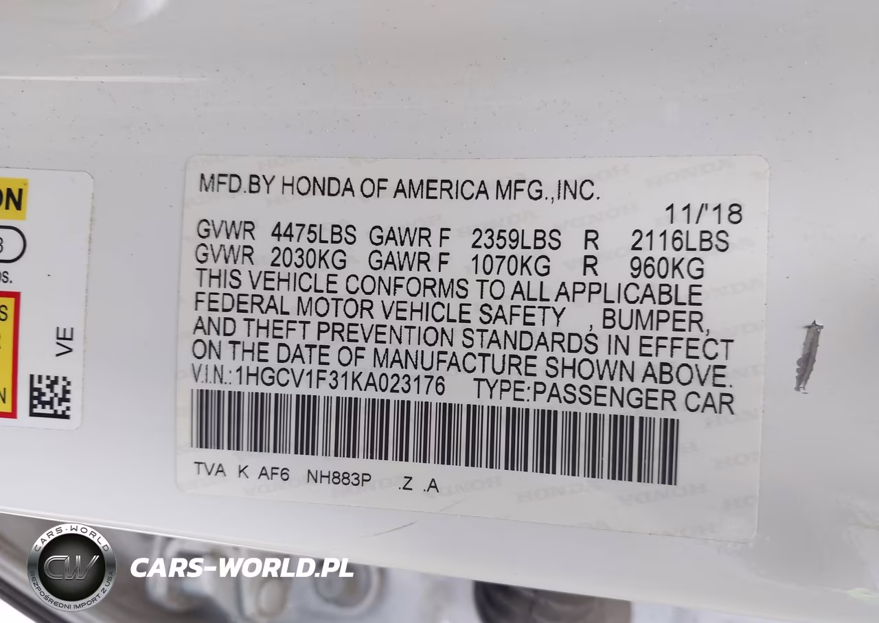 2019 Honda Accord Sport VIN:1HGCV1F31KA023176 - 9