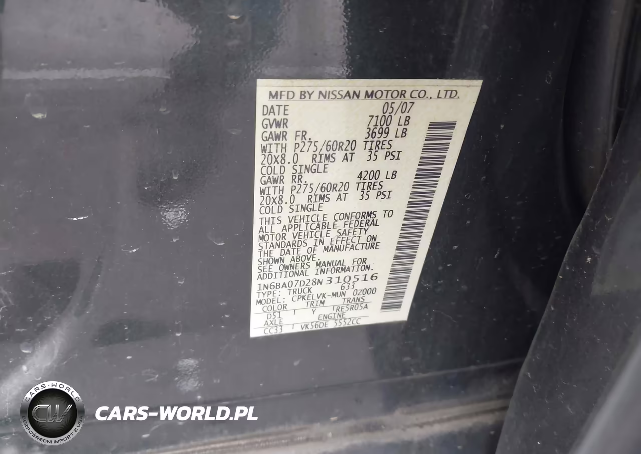2008 Nissan Titan Le VIN:1N6BA07D28N310516 - 9