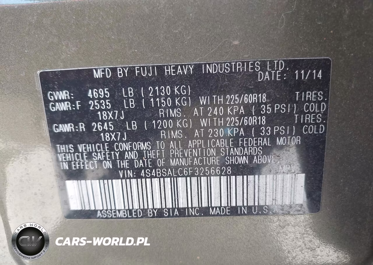2015 Subaru Outback 2.5I Limited VIN:4S4BSALC6F3256628 - 9